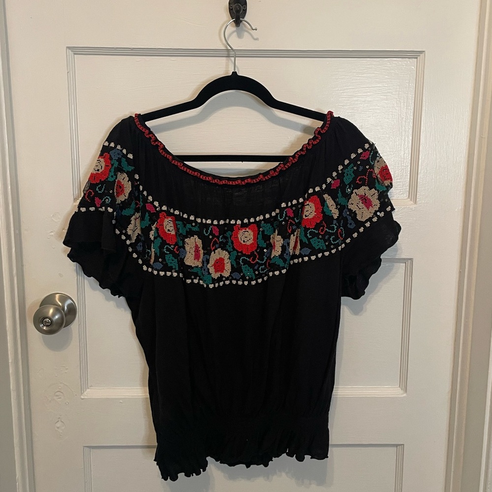 FREE PEOPLE Black Off The Shoulder Floral Embroidered Top